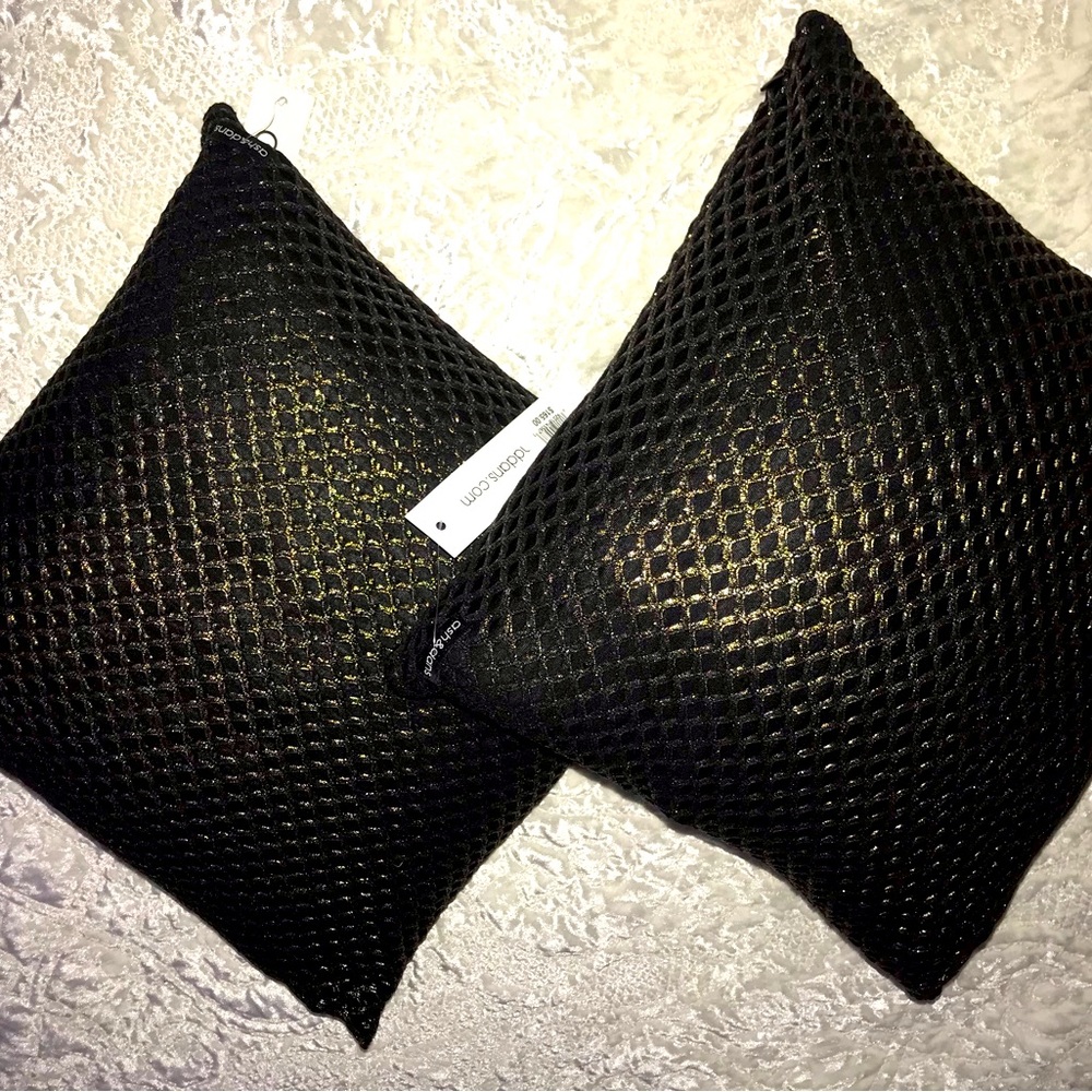 Set of TWO Ash & Dans Addy 16" X 16" Decorative Pillows Gold / Black Retail $330